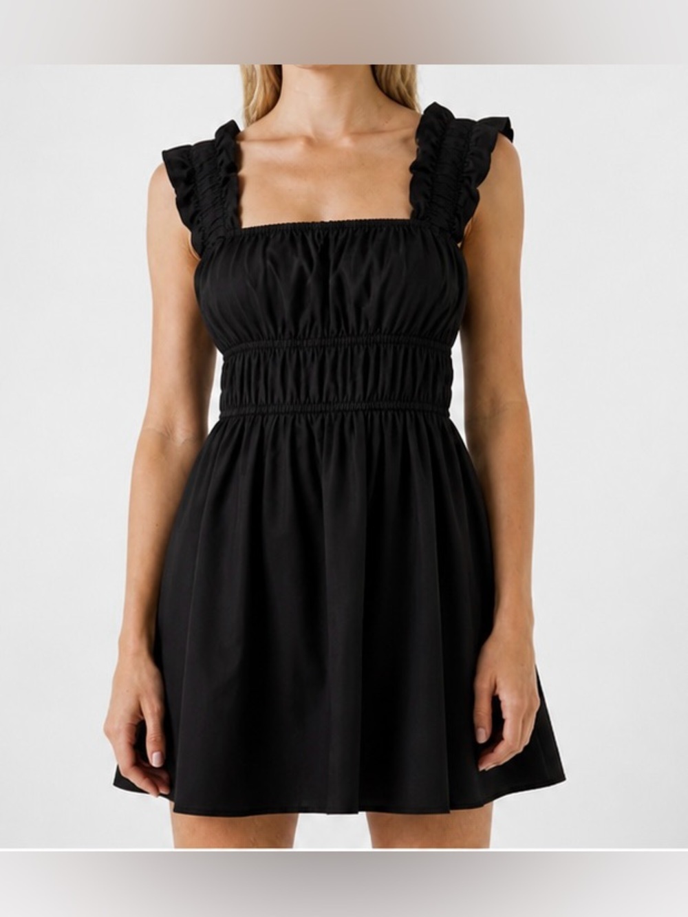 English Factory Black Cotton Mini Dress with Ruffled Straps